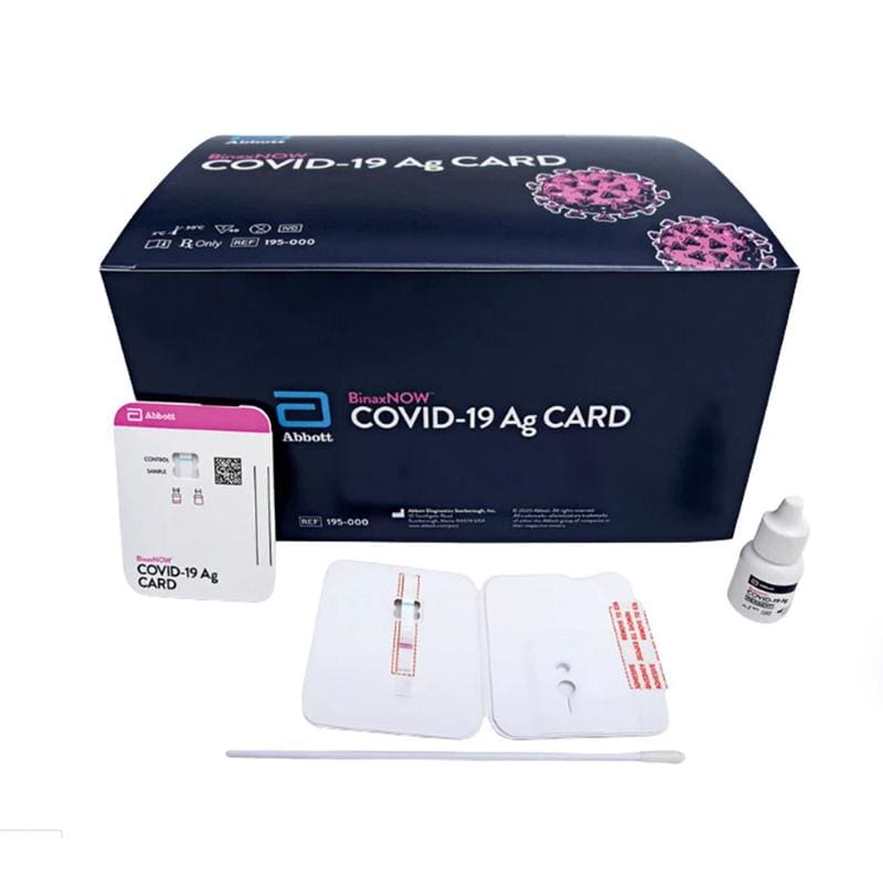 Box of 40 BinaxNow Covid-19 Ag Card tests neatly arranged