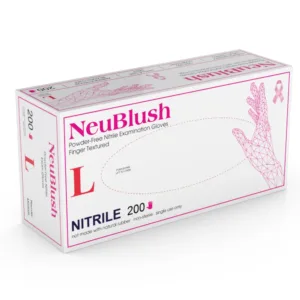 Packaging of MEDGLUV NeuBlush Nitrile Exam Gloves MG5550 Series, showcasing the powder-free and latex-free features.
