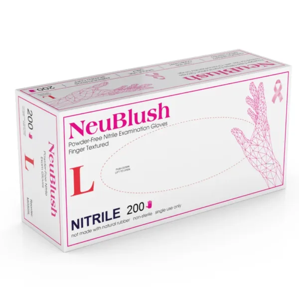 Packaging of MEDGLUV NeuBlush Nitrile Exam Gloves MG5550 Series, showcasing the powder-free and latex-free features.