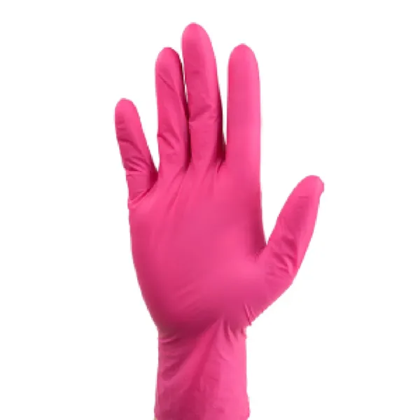 Close-up of MEDGLUV NeuBlush Nitrile Exam Gloves MG5550 Series, highlighting the finger-textured surface and blush color.