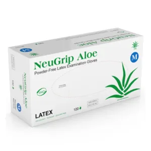 Packaging of MEDGLUV NeuGrip Latex Exam Gloves from the MG1010 Series, highlighting key features.