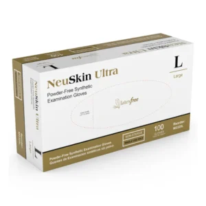 Packaging of MEDGLUV NeuSkin Ultra Vinyl Exam Gloves, highlighting the powder-free, latex-free, and durable features.