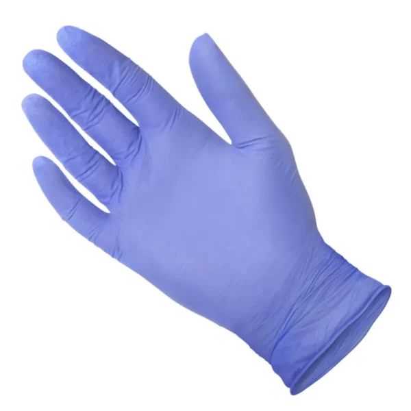 Close-up of MEDGLUV NitraCare 100 Nitrile Exam Gloves, showcasing the textured fingers and vibrant violet blue color