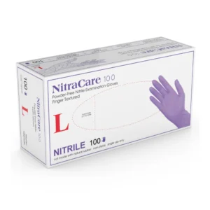 Packaging of MEDGLUV NitraCare 100 Nitrile Exam Gloves, highlighting the powder-free, non-sterile, and nitrile features.