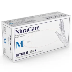 Packaging of MEDGLUV NitraCare Nitrile Exam Gloves MG505 Series, highlighting the powder-free and non-sterile features.