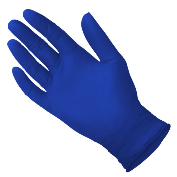 Close-up of MEDGLUV NitraCare Nitrile Exam Gloves MG505 Series, showcasing the textured fingers and cobalt blue color.