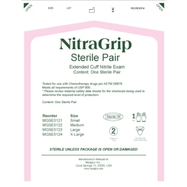 Packaging of MEDGLUV NitraGrip Nitrile Exam Gloves MGSE5120 Series, highlighting the sterile and chemo-tested features.