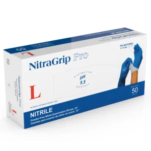 Packaging of MEDGLUV Nitragrip Pro Nitrile Exam Gloves MG50090 Series, highlighting the blue/white design and powder-free feature.