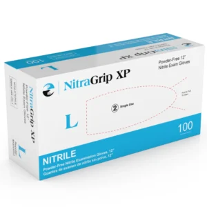 Packaging of MEDGLUV Nitragrip XP Nitrile Exam Gloves MG50050 Series, highlighting the non-sterile and latex-free features.