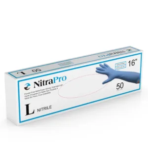 Packaging of MEDGLUV NitraPro Nitrile Exam Gloves MG50160 Series, highlighting the powder-free and non-sterile features.
