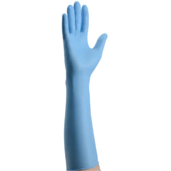 Close-up of MEDGLUV NitraPro Nitrile Exam Gloves MG50160 Series, showcasing the textured grip and 16" cuff.