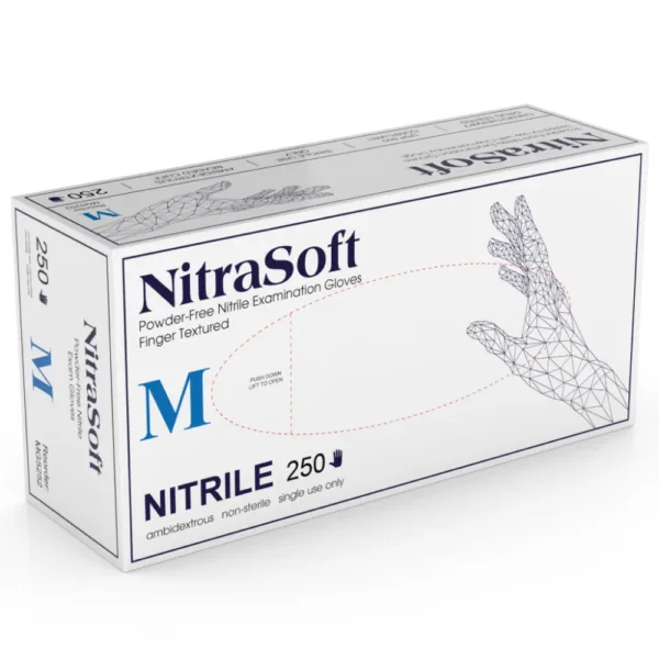 Box of MEDGLUV NitraSoft Nitrile Exam Gloves, non-sterile and available in various sizes.