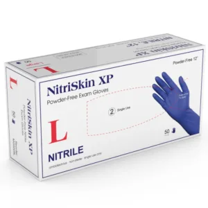 Packaging of MEDGLUV Nitriskin XP Nitrile Exam Gloves MG5008S, highlighting the non-sterile and powder-free features.
