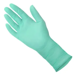 Close-up of MEDGLUV NitraSonic Nitrile Surgical Gloves MGS5060 Series, showcasing the textured surface and vibrant green color.