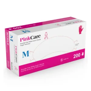 Packaging of MEDGLUV PinkCare Nitrile Exam Gloves MG555 Series, highlighting the powder-free and non-sterile features.