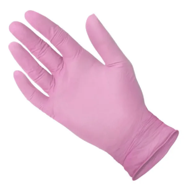 Close-up of MEDGLUV PinkCare Nitrile Exam Gloves MG555 Series, showcasing the textured fingers and pink color.
