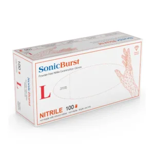 Packaging of MEDGLUV SonicBurst Nitrile Exam Gloves, highlighting the powder-free, latex-free, and nitrile features.