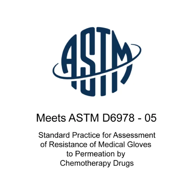 ASTM D6978 - 05 compliance label ensuring chemo-tested protection for enhanced safety.