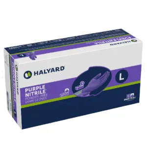 Box of O&M Halyard Purple Nitrile Exam Gloves 55080 series, highlighting the powder-free and latex-free features.