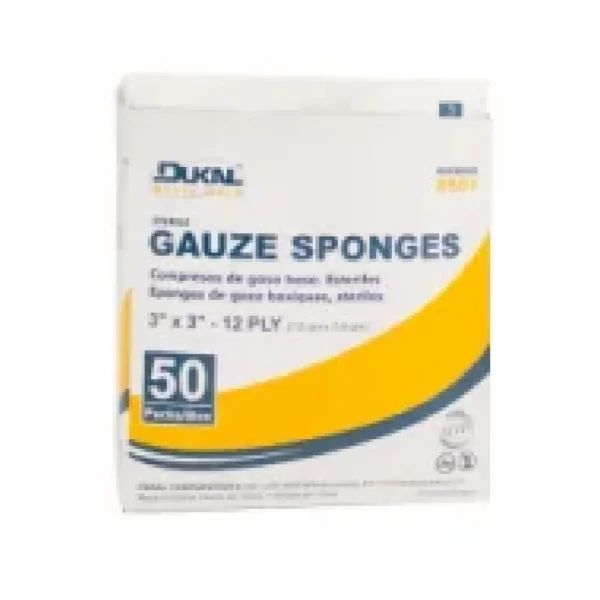 Packaging of DUKAL Premium Gauze Sponges, showing the 2/pk sterile units.
