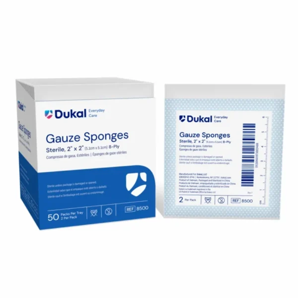 Close-up of DUKAL Basic Gauze Sponges, highlighting the 8-ply construction and sterile packaging.