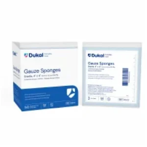 Packaging of DUKAL Basic Gauze Sponges, showing the 2/pk sterile units.